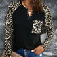 Leopard Pocket Notched Neck Raglan Sleeve Blouse