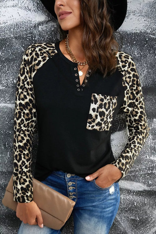 Leopard Pocket Notched Neck Raglan Sleeve Blouse