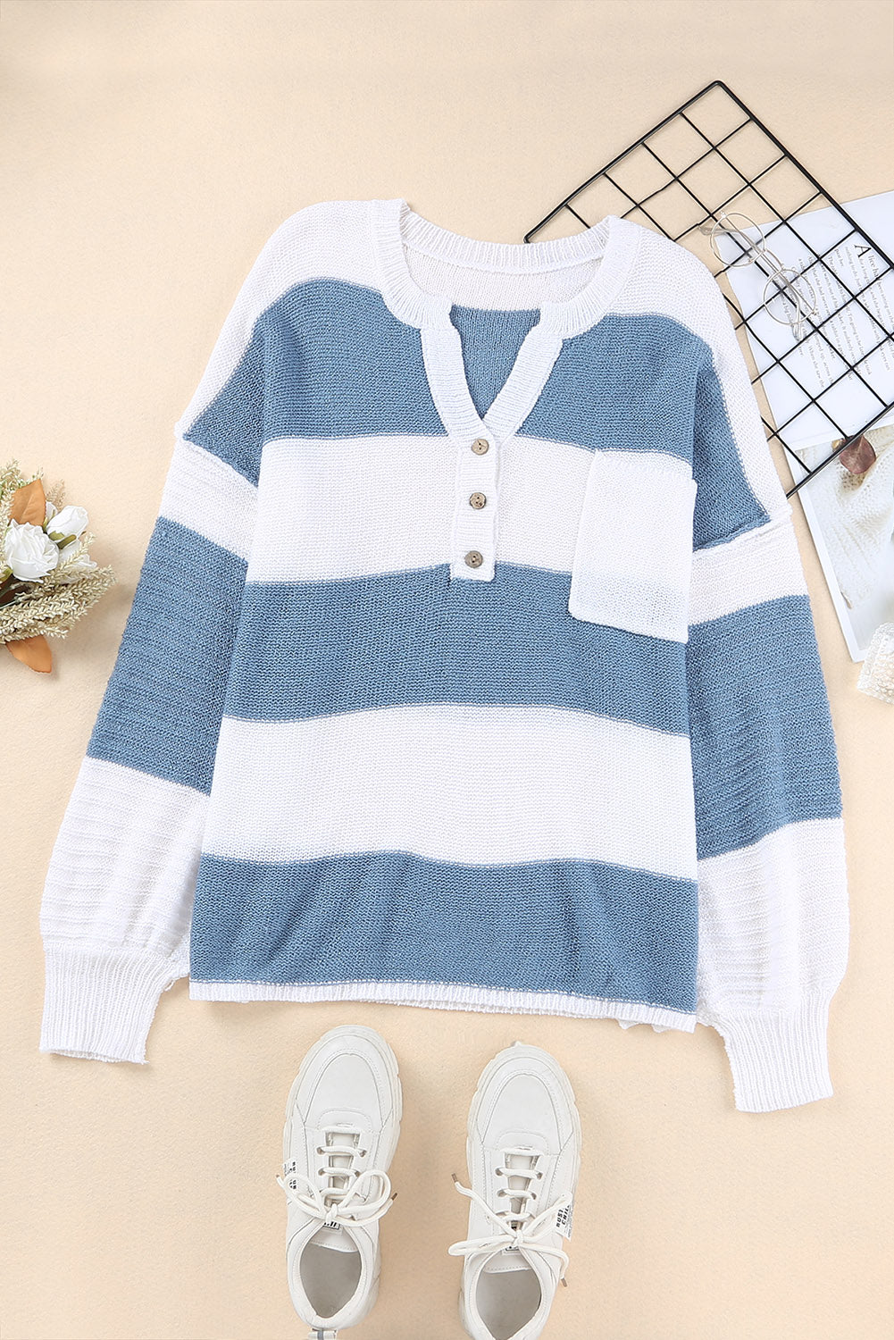 Stripe Oversized Striped Henley Sweater