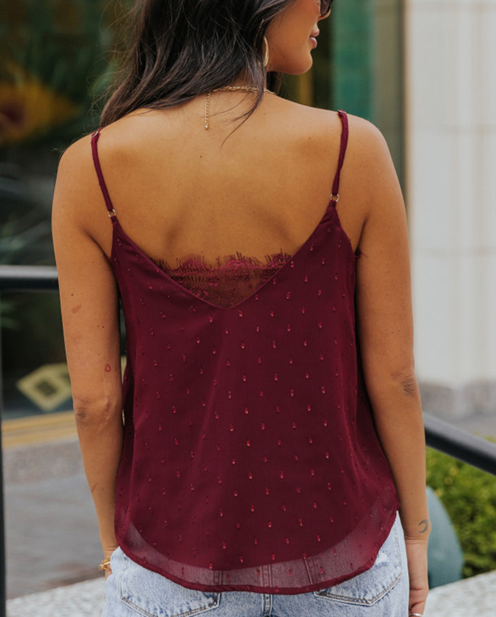 Red Eyelash Lace Trim Textured Cami Top