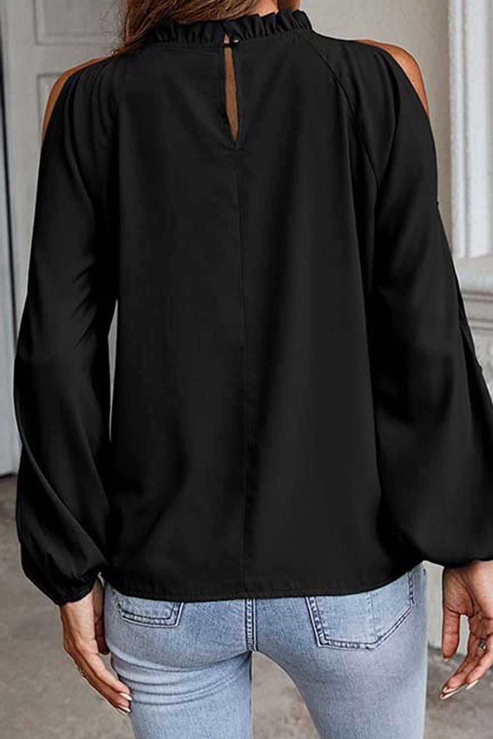 Black Cold Shoulder Bishop Sleeve Blouse