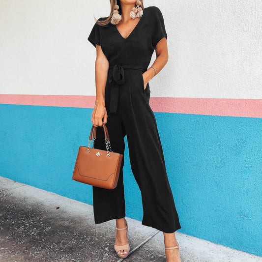Summer short-sleeved V-neck jumpsuit