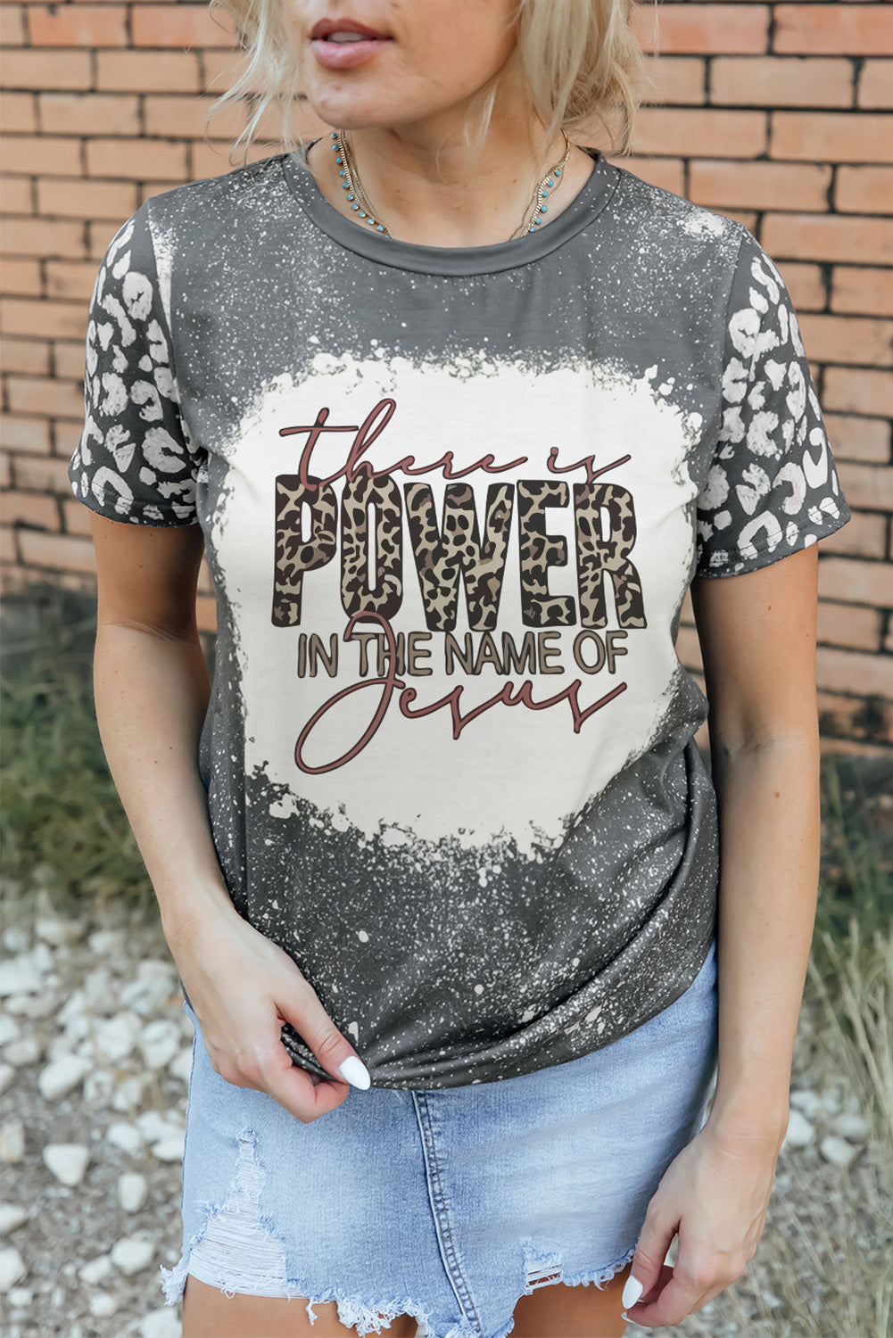 Gray POWER Slogan Leopard Bleached Print Short Sleeve T Shirt