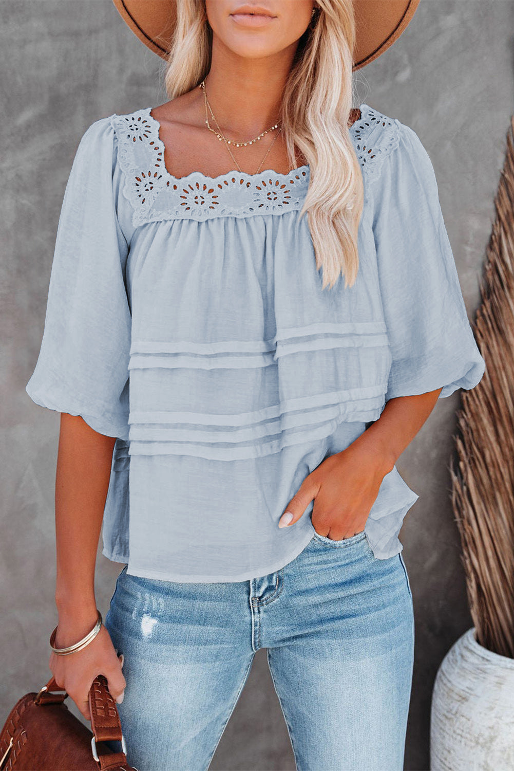 Puff Sleeve Eyelet Babydoll Blouse