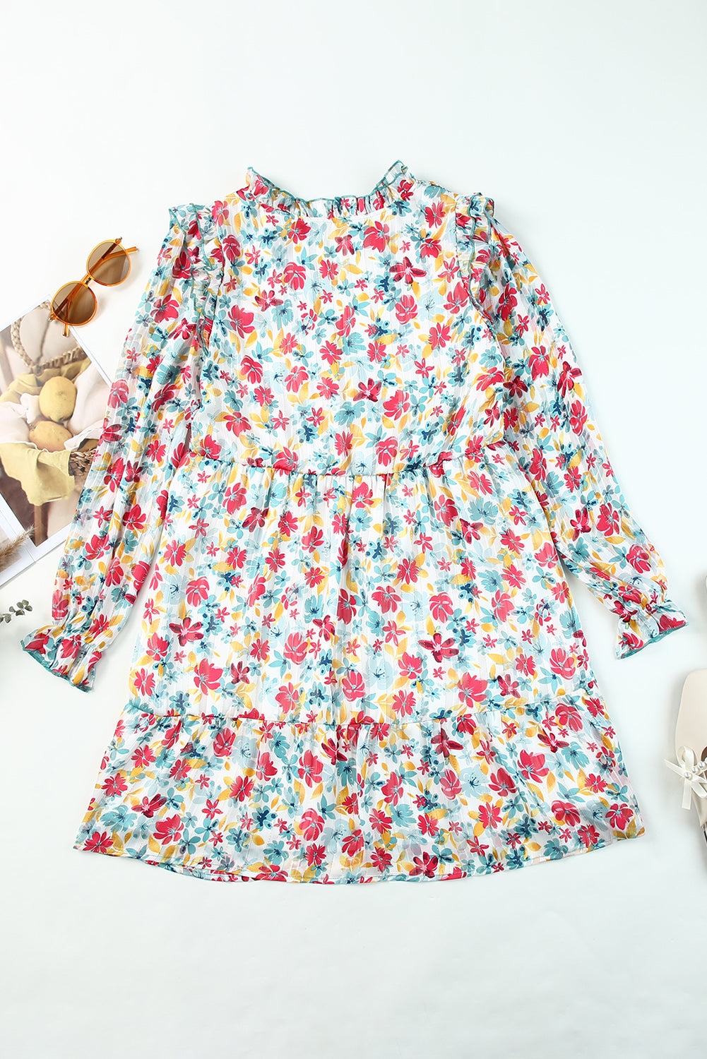 Ruffled Lace V Neck Floral Dress