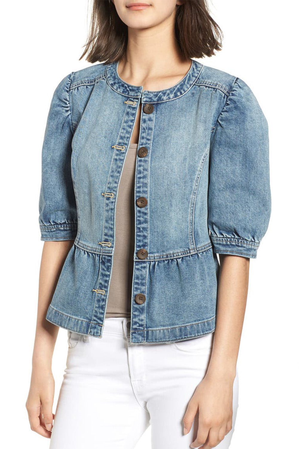 Sky Blue Half Sleeves Peplum Denim Jacket