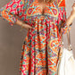 Red V Neck 3/4 Sleeve Bohemian Vintage Print Mini Dress