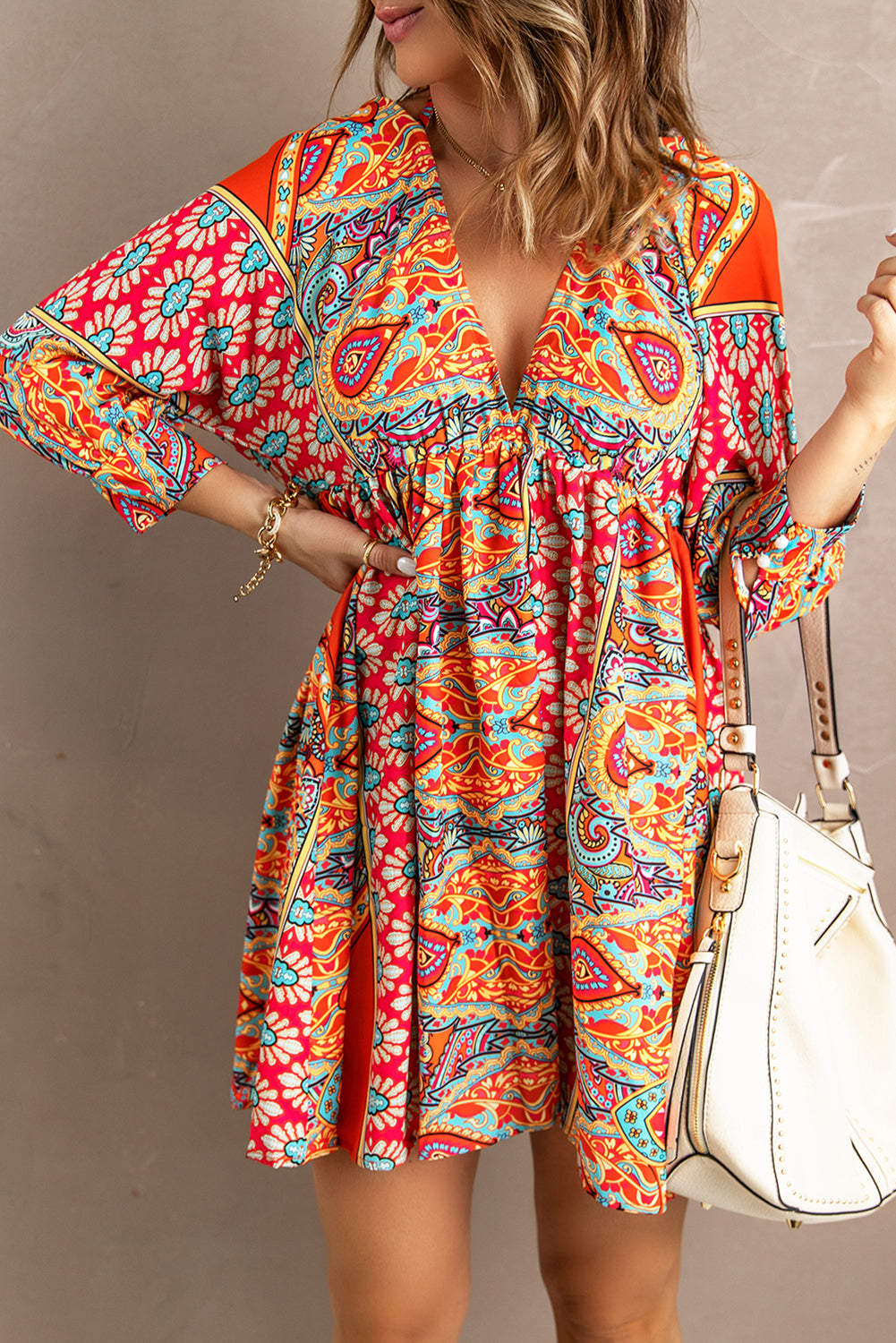 Red V Neck 3/4 Sleeve Bohemian Vintage Print Mini Dress
