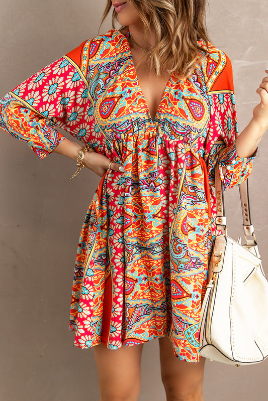 Red V Neck 3/4 Sleeve Bohemian Vintage Print Mini Dress