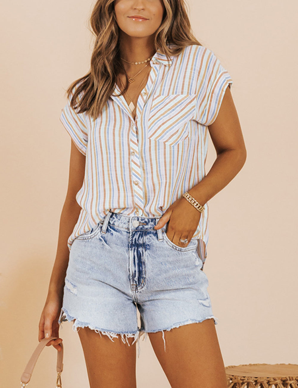 Multicolor Stripe Short Sleeve Button up Shirt