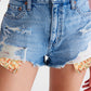 Floral Knit Insert Distressed Raw Hem Denim Shorts