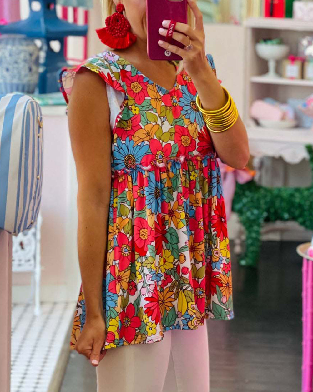 Red V Neck Ruffled Floral Babydoll Top