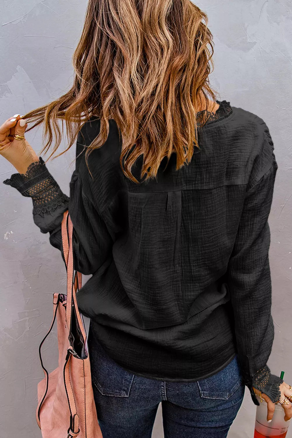 Lace V Neck Cuffed Blouse