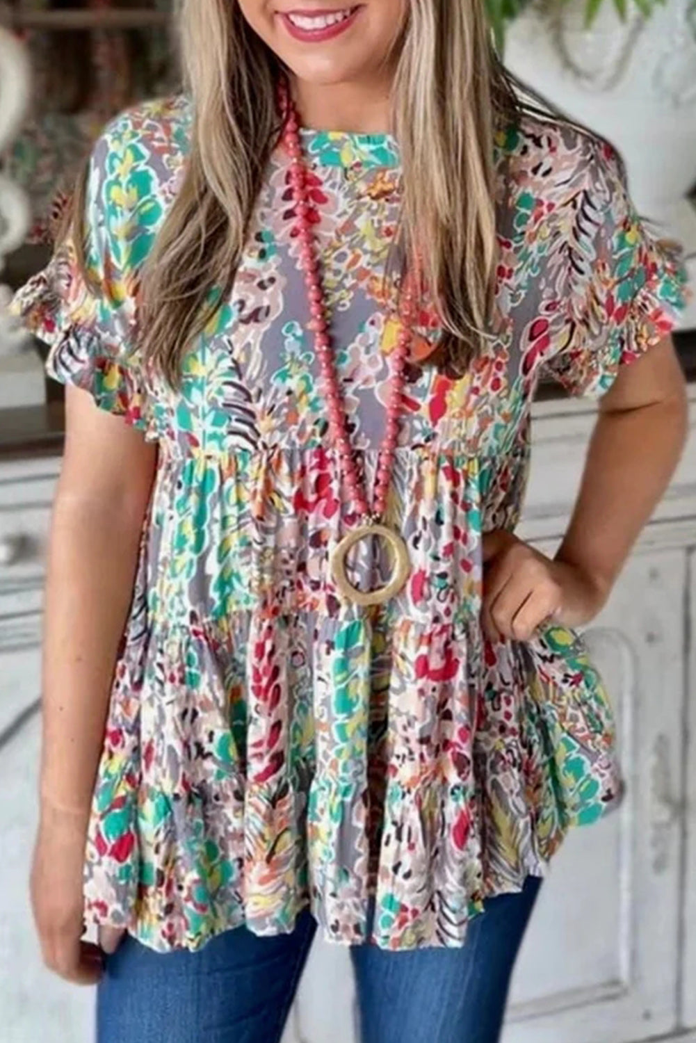 Purple Floral Print Ruffle Sleeve Babydoll Top