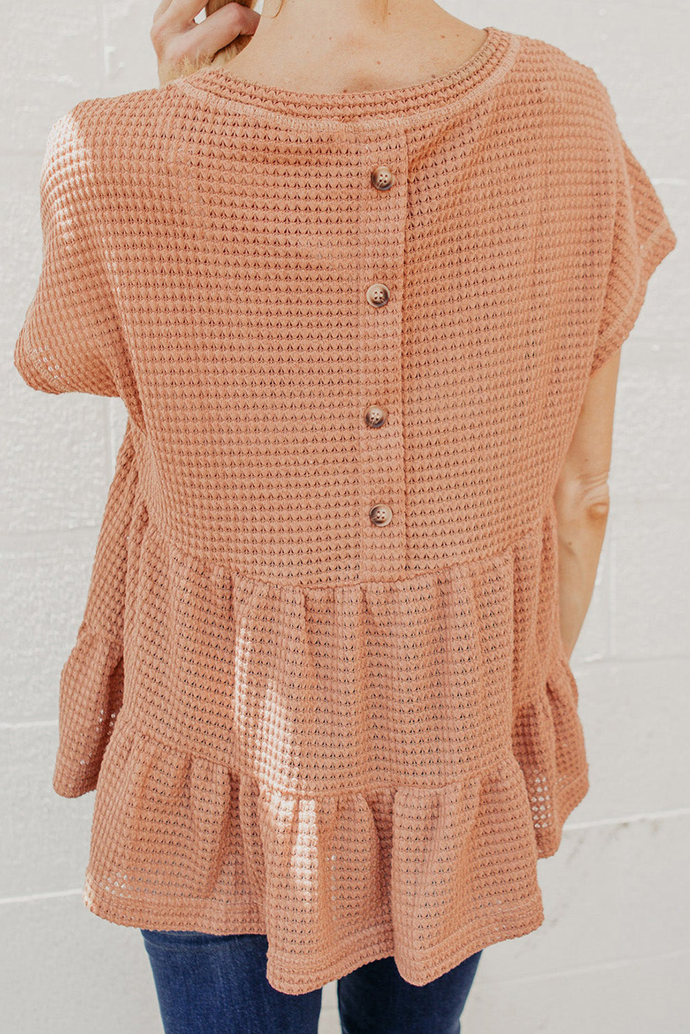 Nude Waffle Knit Ruffle Tiered Short Sleeve Blouse