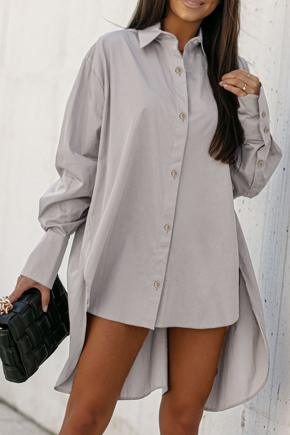 Khaki High Low Buttoned Long Sleeve Shirt