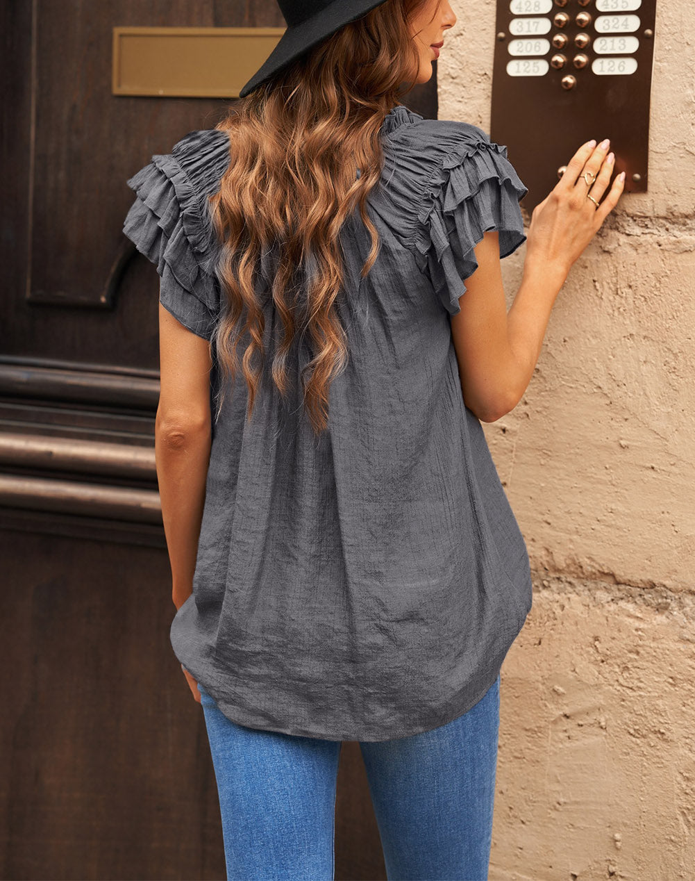 Tiered Ruffled Drawstring V Neck Top