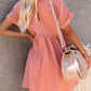 Pink Roll Up Short Sleeve V Neck Babydoll Mini Dress