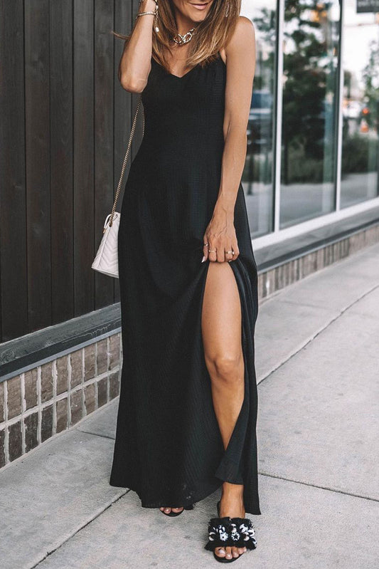 Black Spaghetti Straps Ribbed Lace up Back Maxi Dress