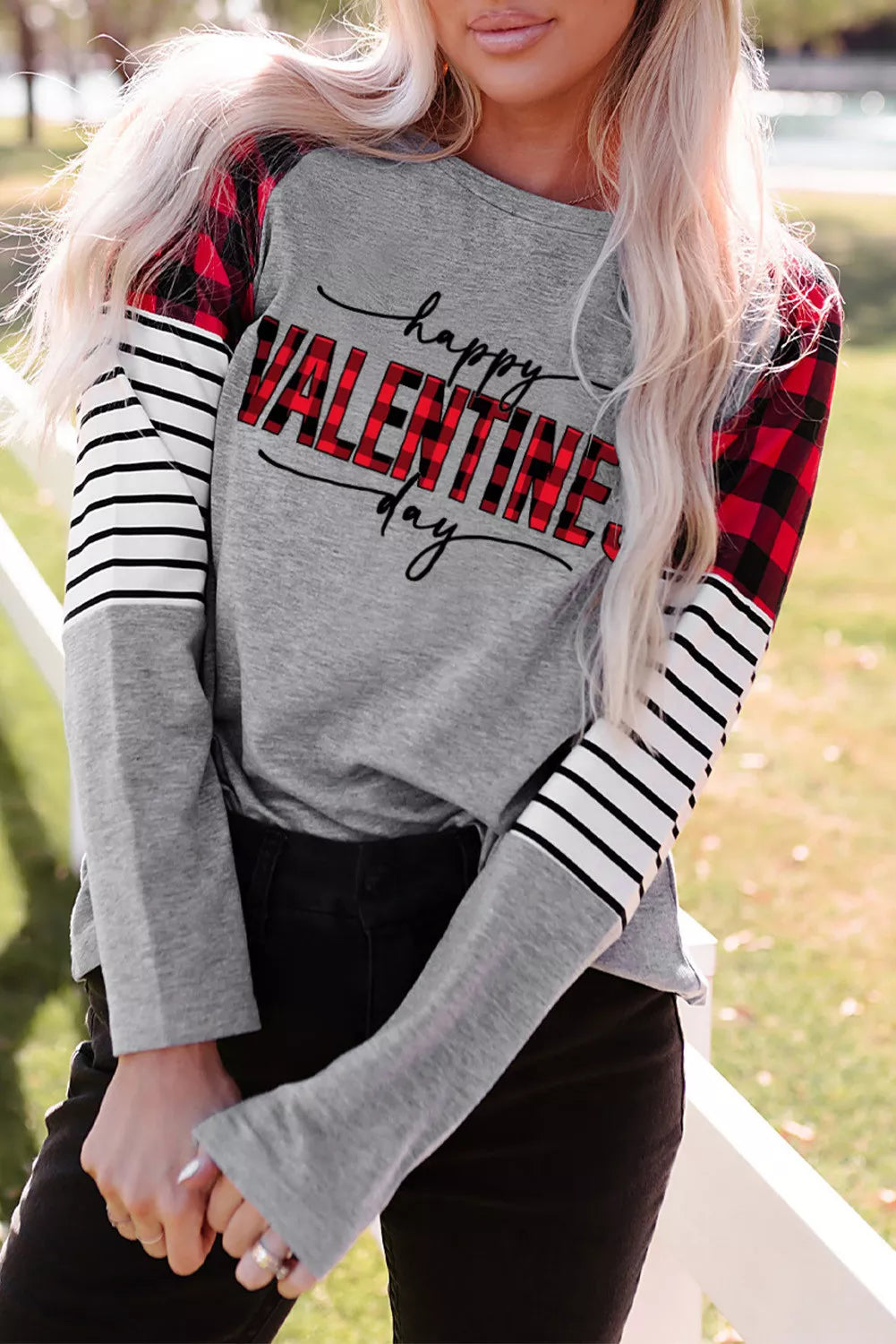Gray Happy Valentine Day Graphic Buffalo Plaid & Stripe Top
