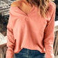 Pink Split V Neck Long Sleeve Top