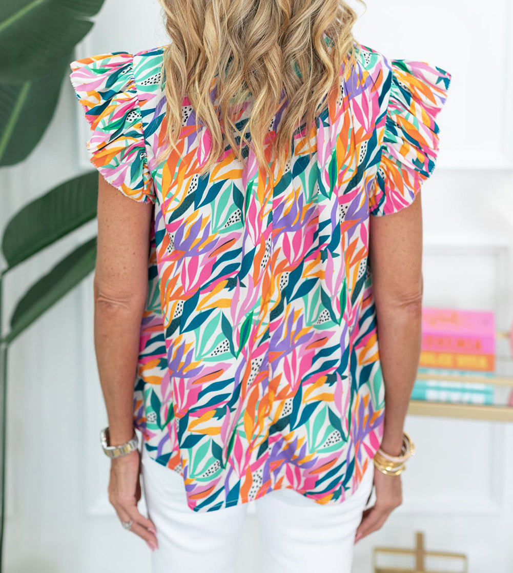 Floral Print Ruffled Flutter Sleeve Blouse
