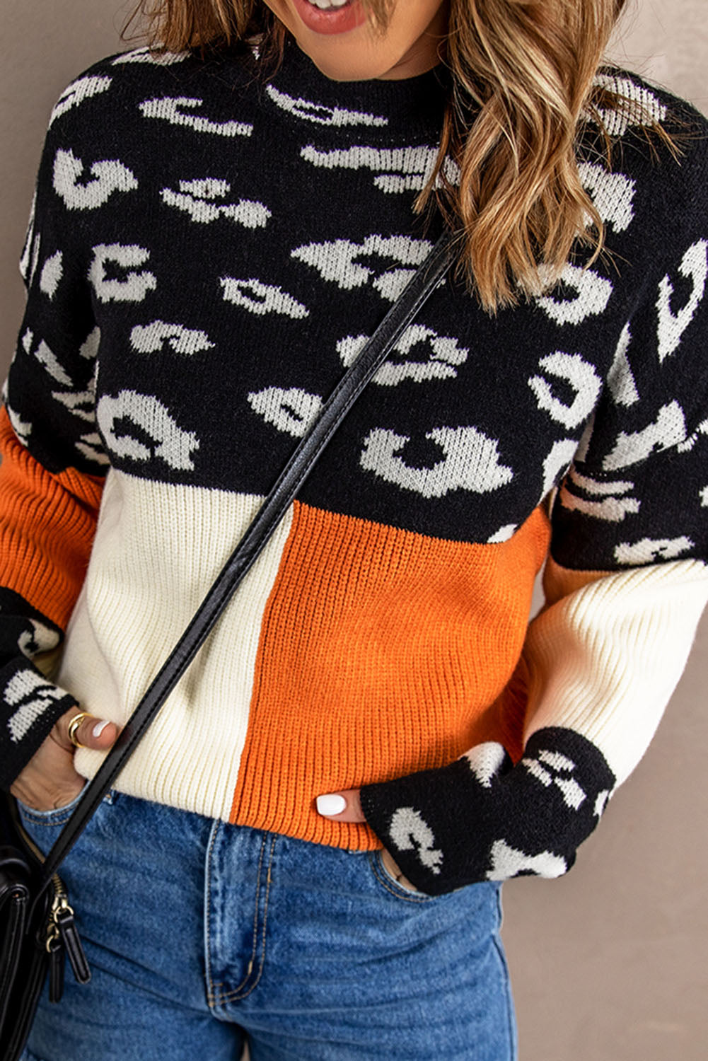 Leopard Colorblock Mock Neck Sweater