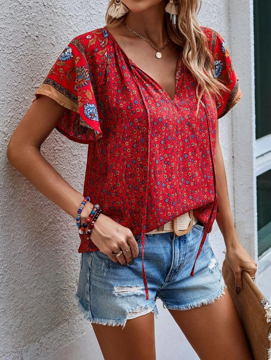 Bohemian style V-neck loose fitting blouse