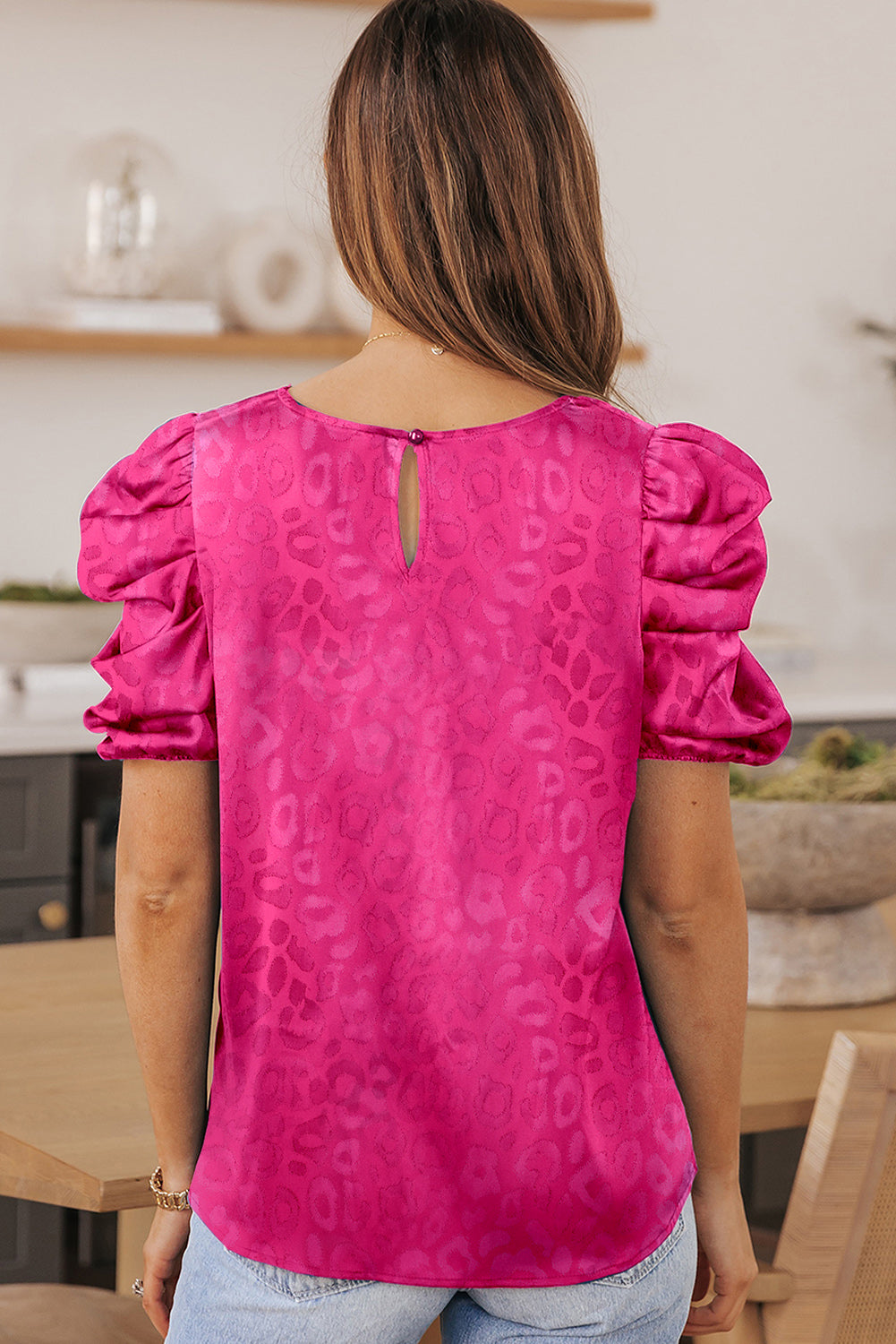 Leopard Bubble Sleeve Round Neck Blouse
