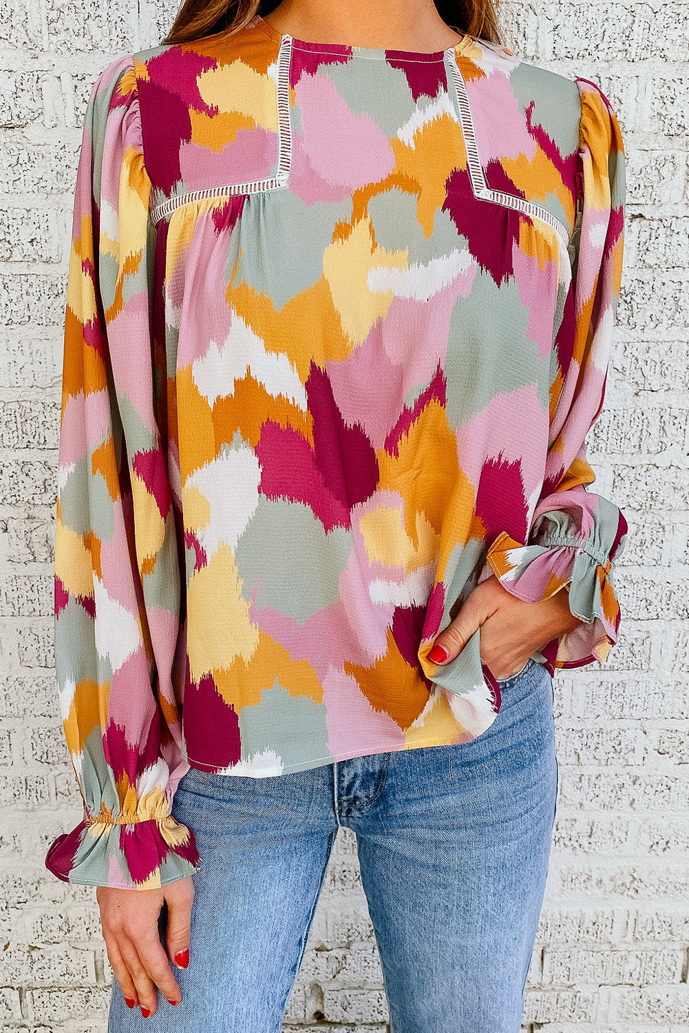 Abstract Color Block Printed Long Sleeve Blouse