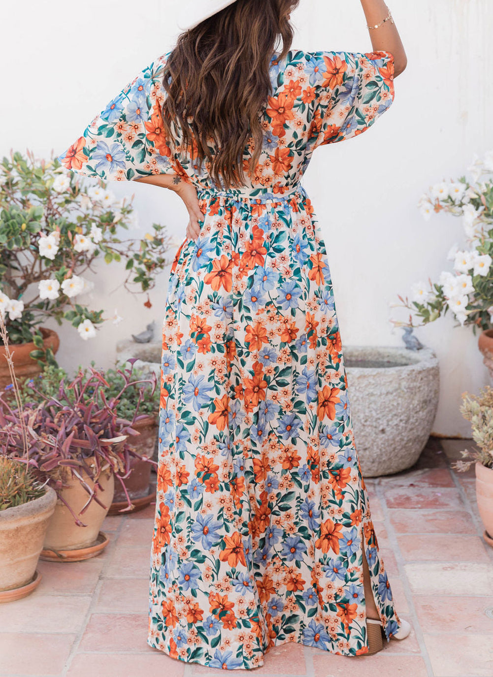 Sky Blue Floral Print Wrap Belted Maxi Dress