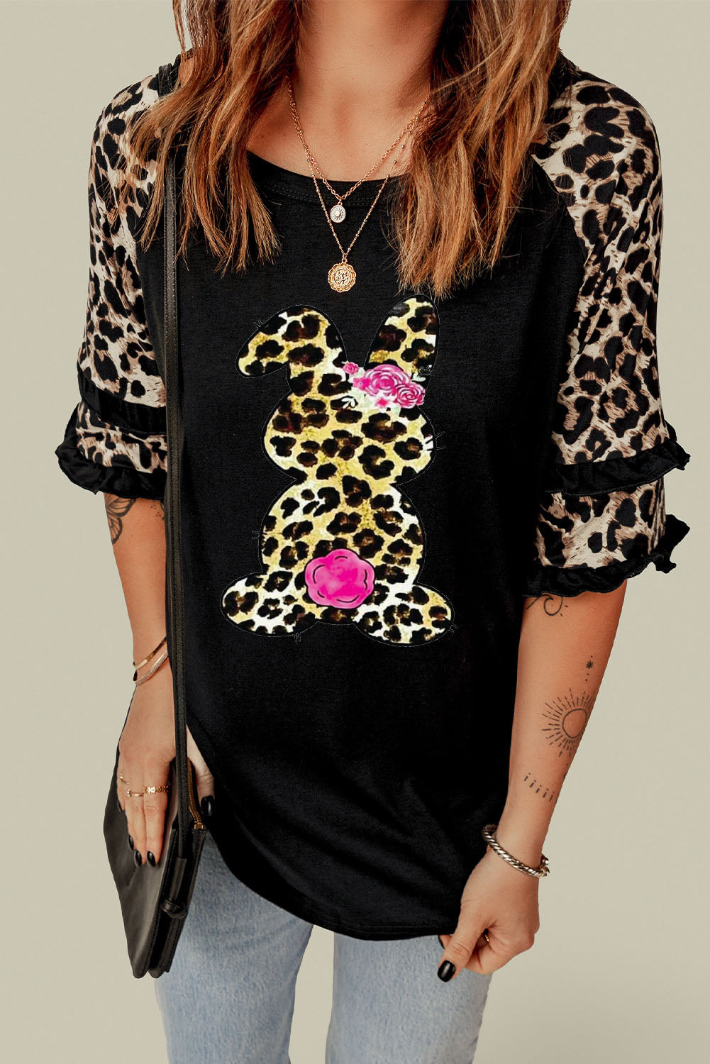 Leopard Frill Sleeve Easter Rabbit Graphic Top