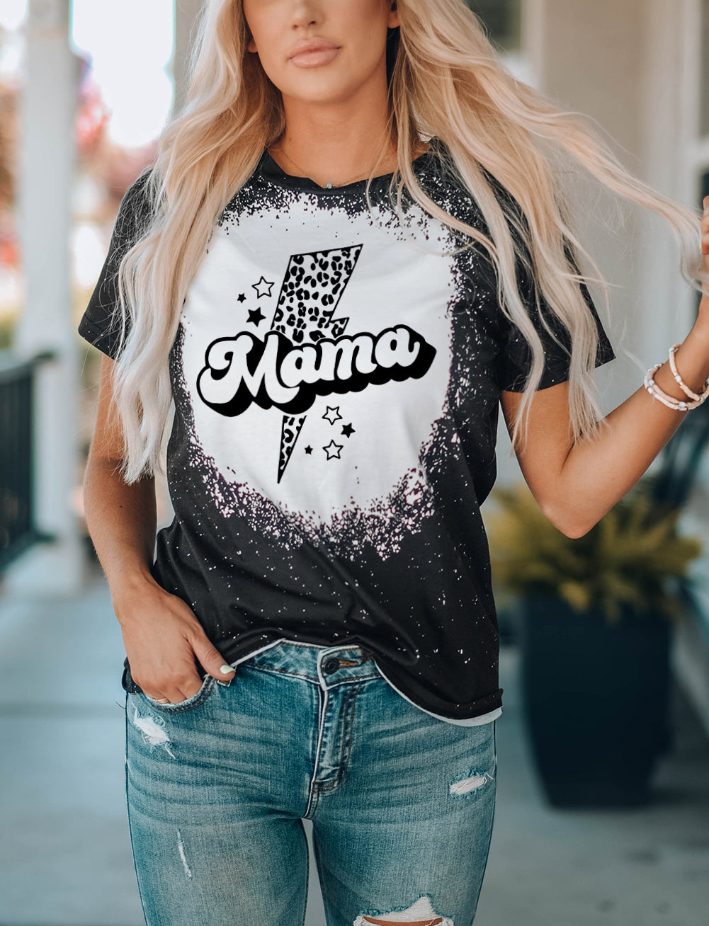 Black Mama Leopard Lightning Bleach Graphic Print Crewneck T Shirt