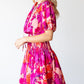 Rose Floral Smocked Waist Bubble Sleeve Flare Dress