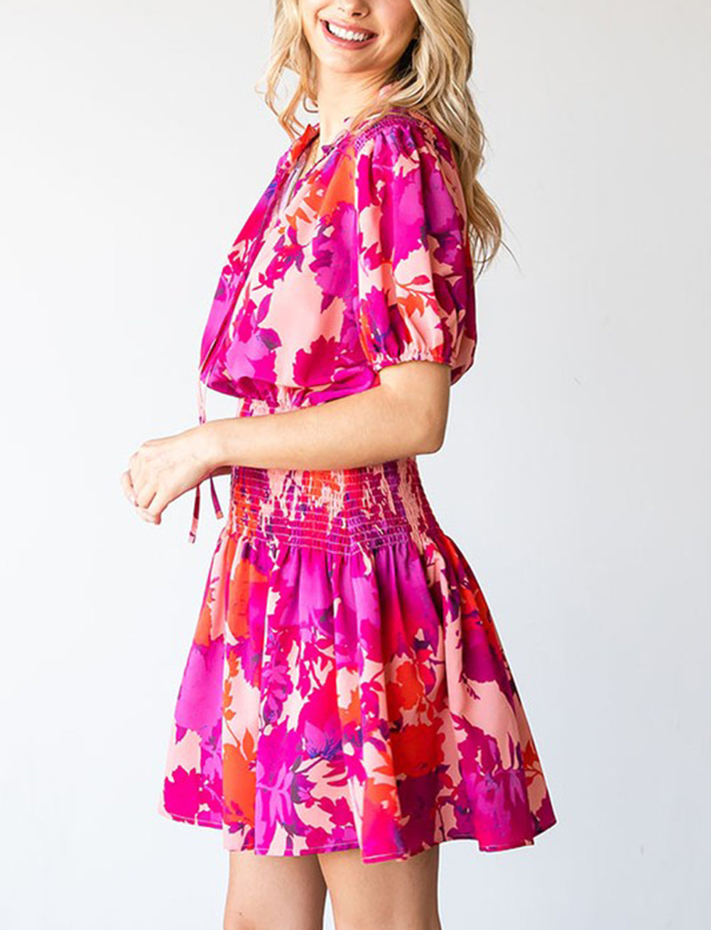 Rose Floral Smocked Waist Bubble Sleeve Flare Dress