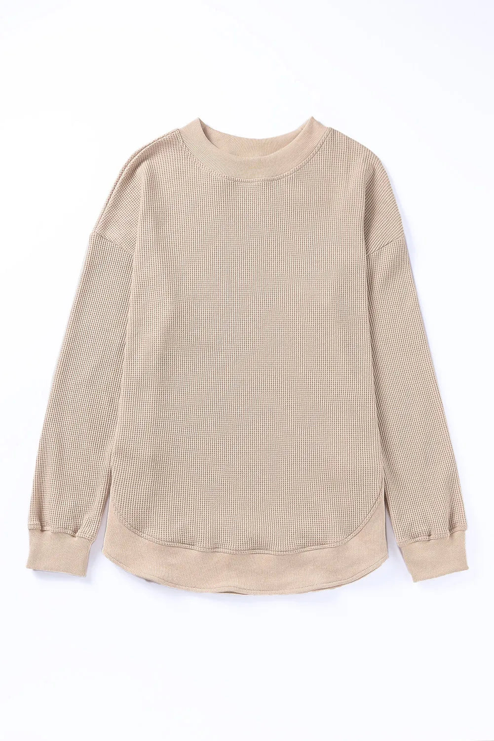 Crew Neck Ribbed Trim Waffle Knit Top