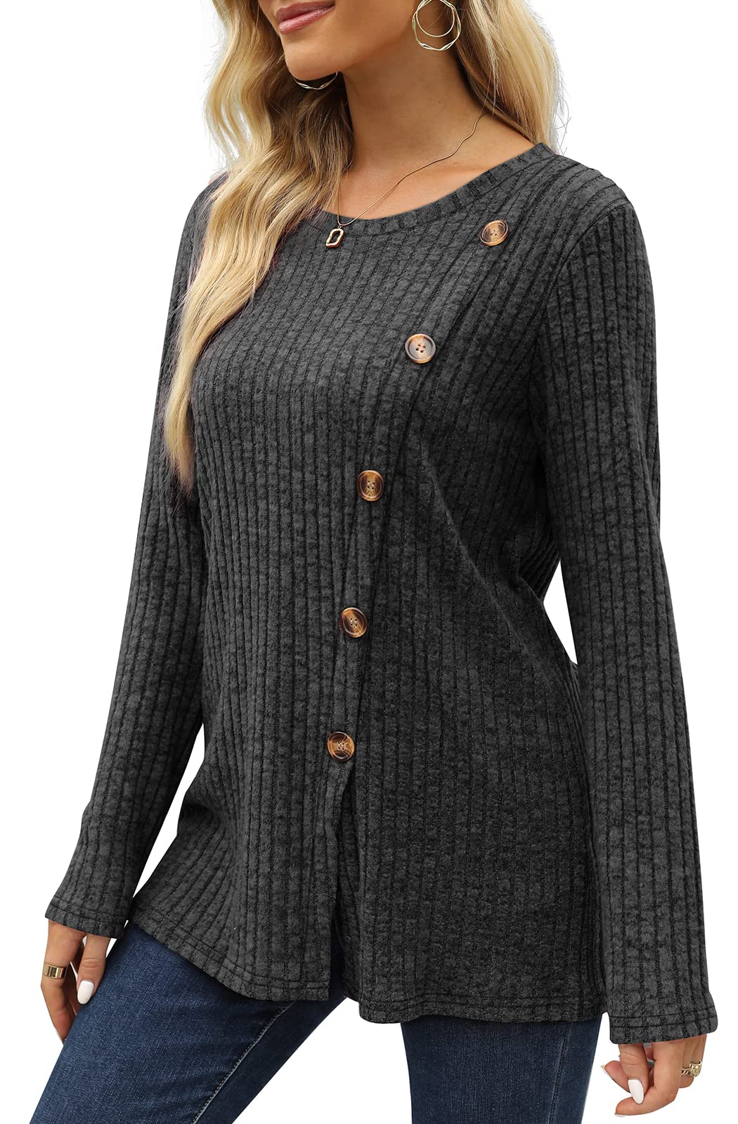 Button Split Knitted Round Neck Long Sleeve Top