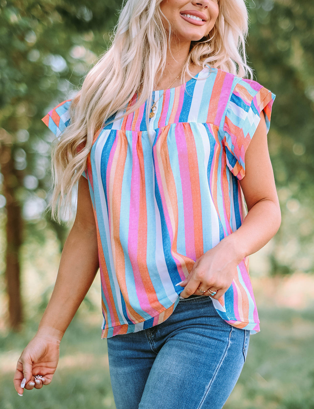 Rose Striped Tiered Ruffle Cap Sleeve Top