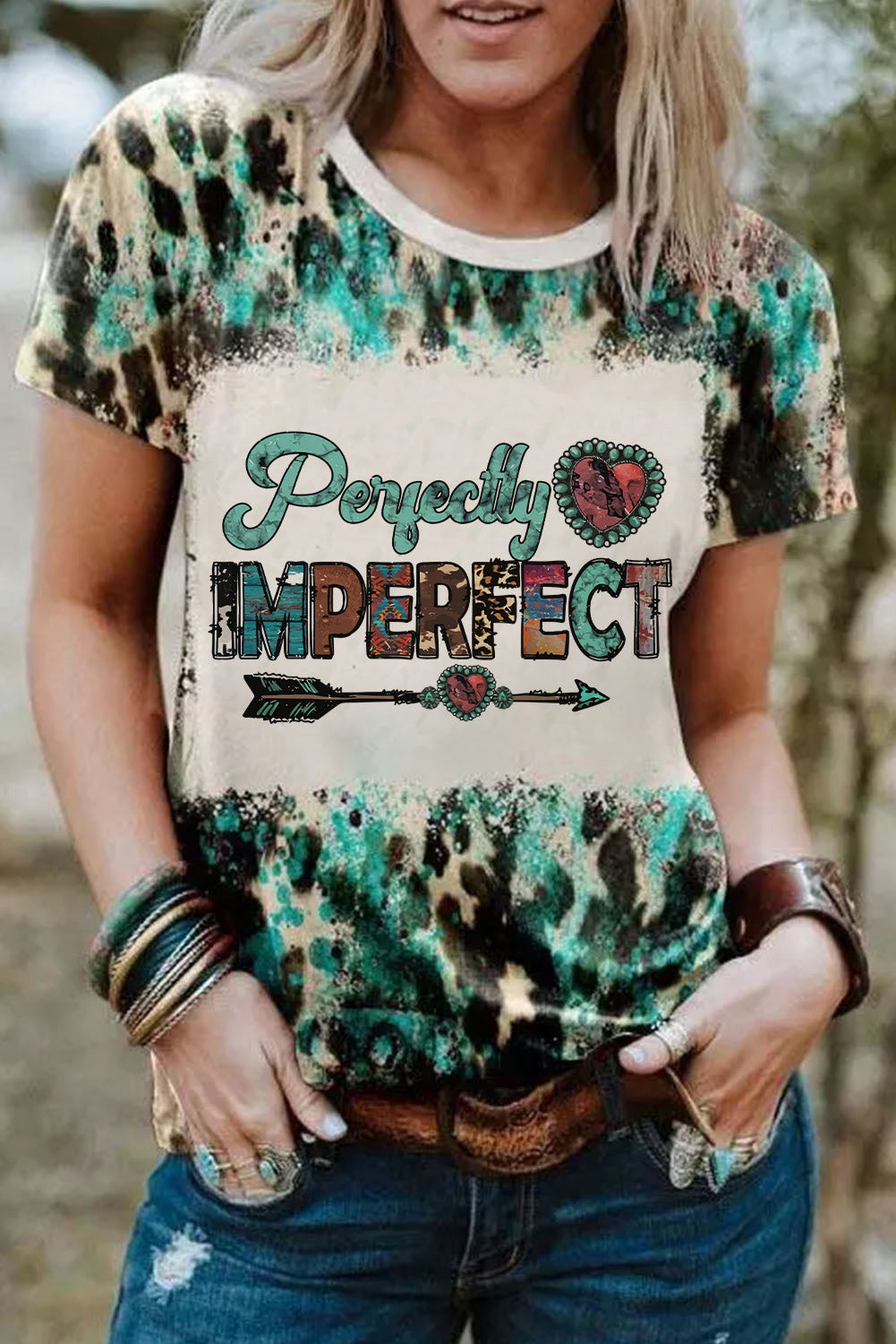 Leopard IMPERFECT Letter Tie Dye Graphic Print Crewneck T Shirt