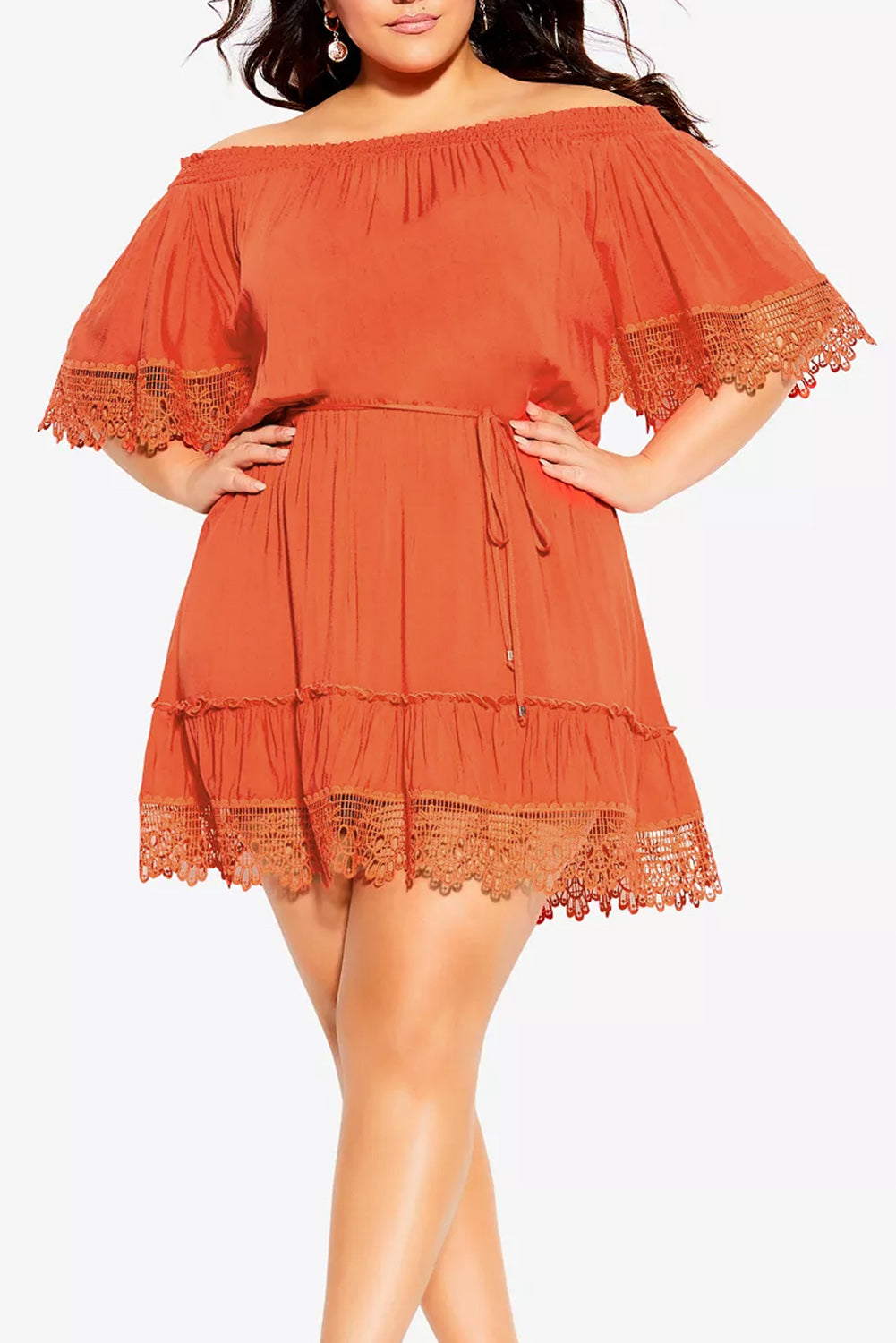 Red Plus Size Crochet Detail Belted Off Shoulder Dress