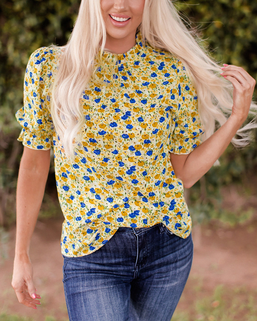 Boho Floral Ruffle Short Sleeve Frill Mock Neck Blouse