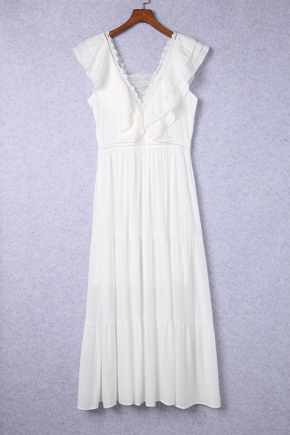 White Lace Contrast V Neck Ruffled Maxi Dress