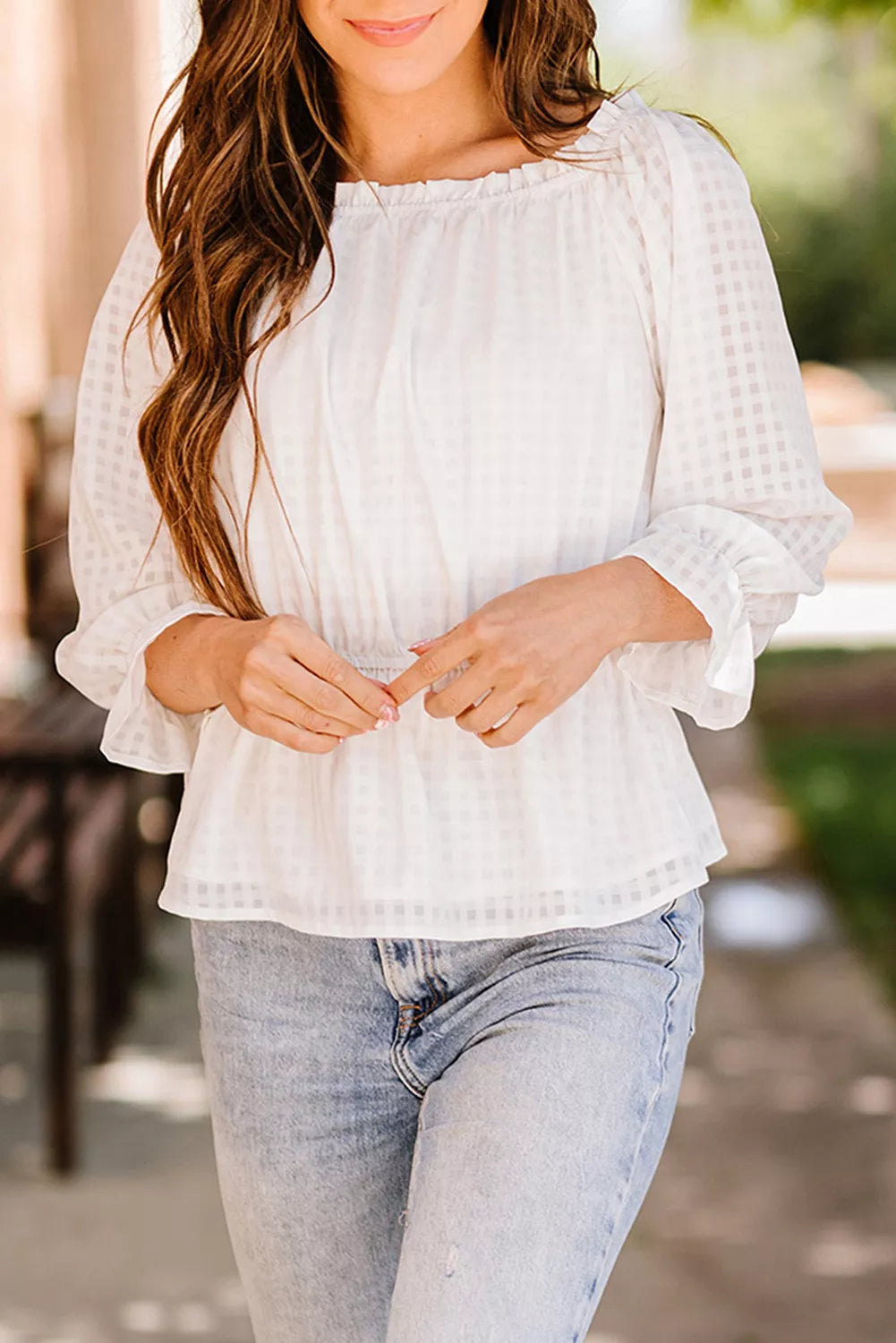 White Lattice Frilled Off Shoulder Cinched Waist Peplum Blouse