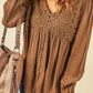Brown Lace Crochet Buttoned V Neck Babydoll Top