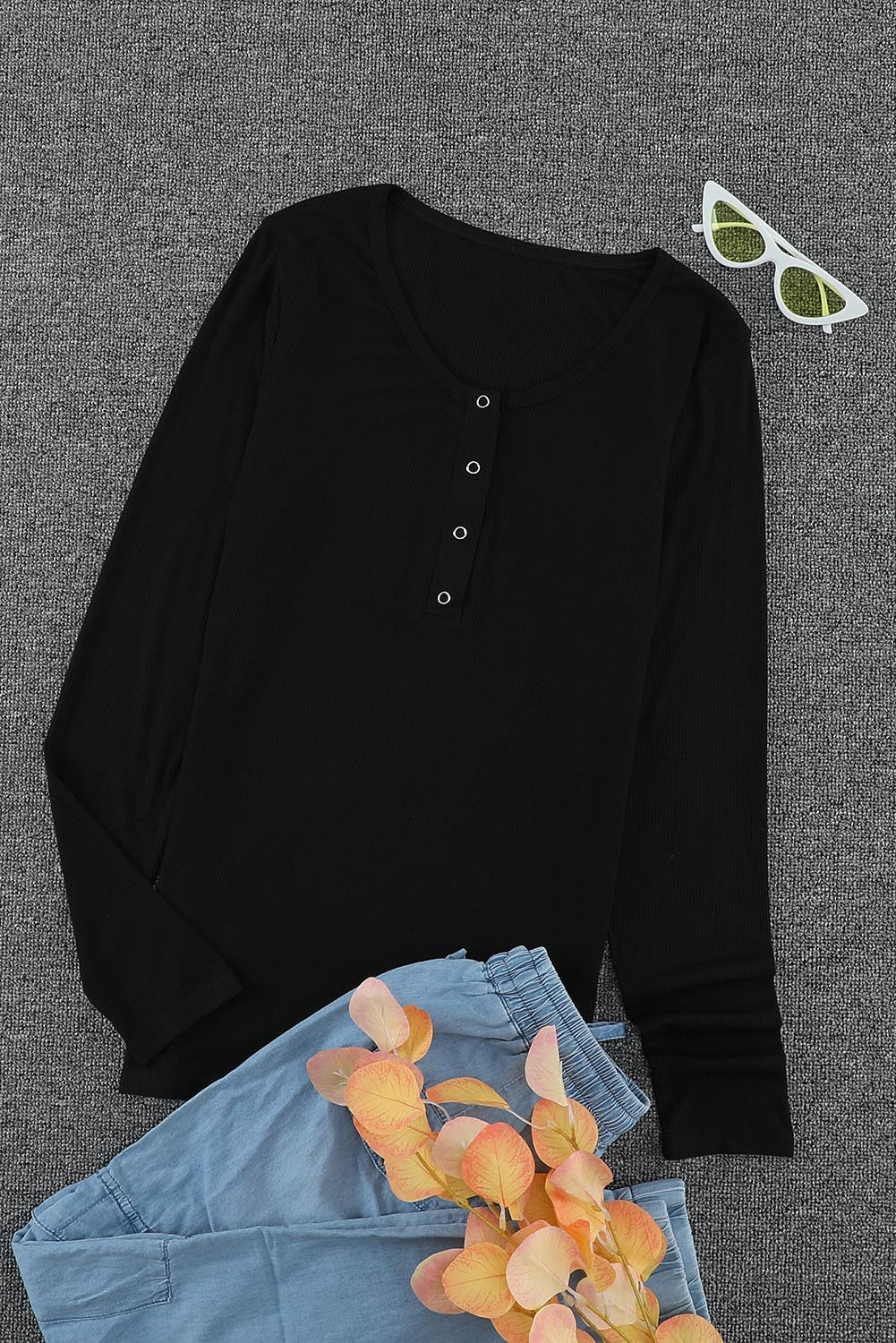 Black Scoop Neck Buttoned Front Long Sleeve Knitted Top