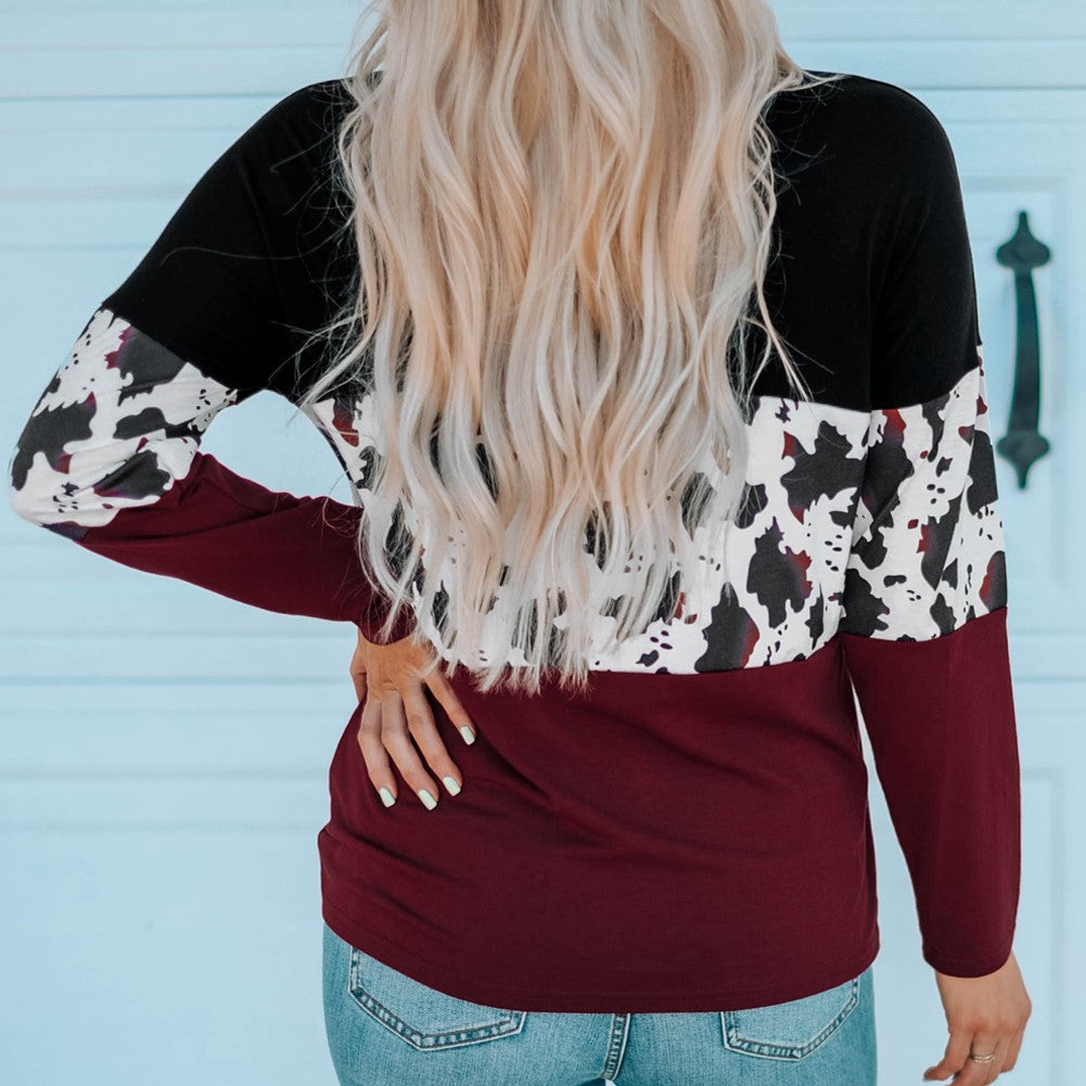 Cow Print Color Block Long Sleeve Blouse