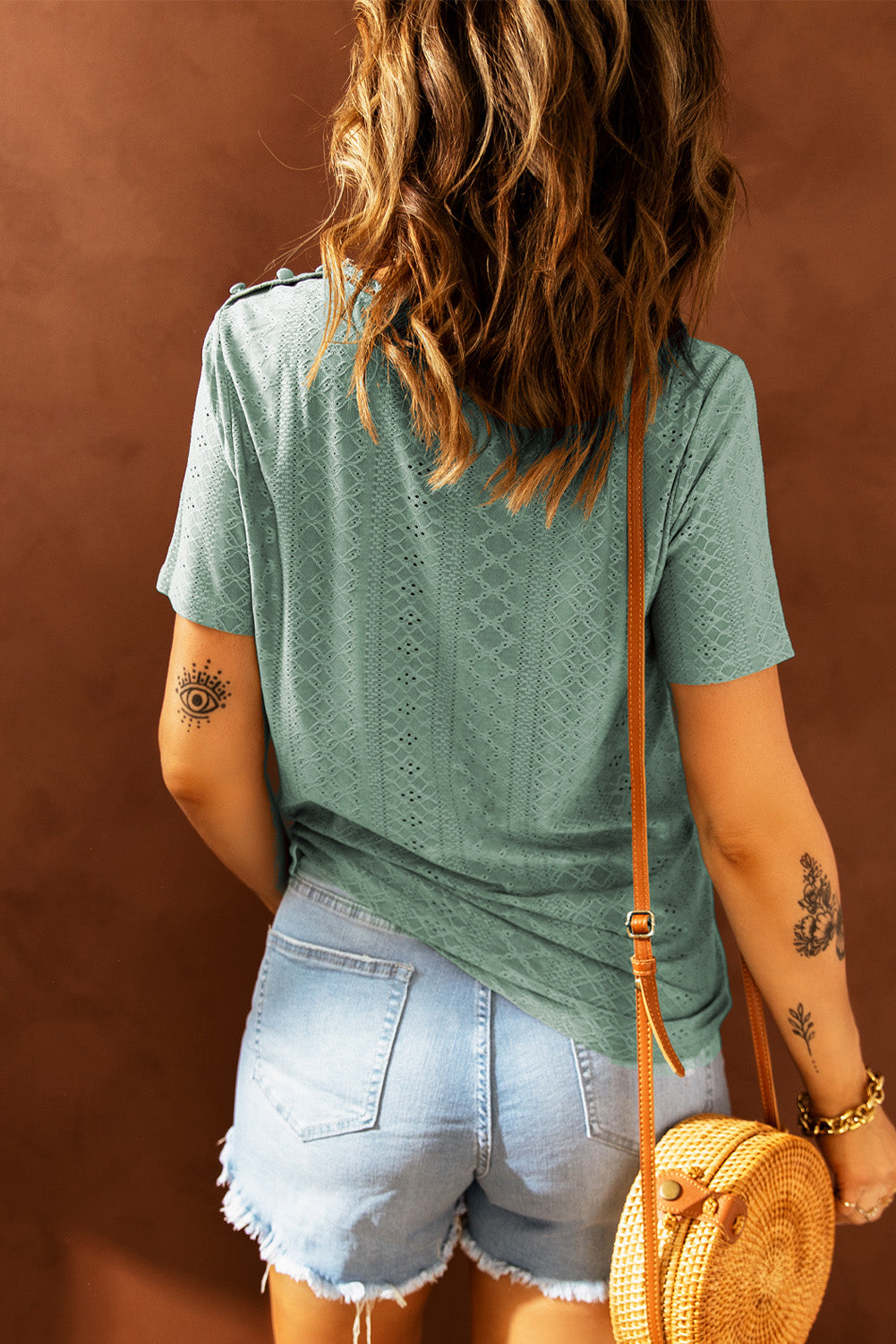 Green V Neck Lace Short Sleeve T-Shirt