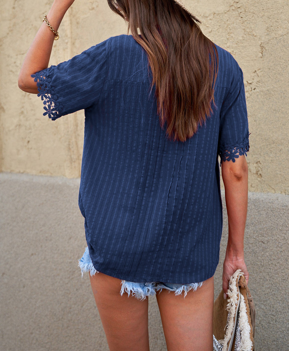 Crochet Hollow-out Lace Splicing Short Sleeve Top