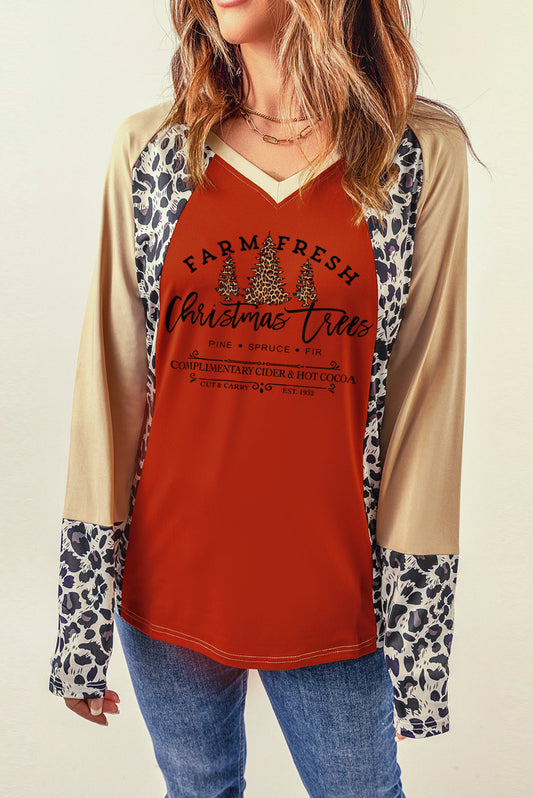 Brown Christmas Tree Leopard Color Block V Neck Top