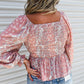 Bohemian Print Puff Sleeve Curvy Peplum Blouse